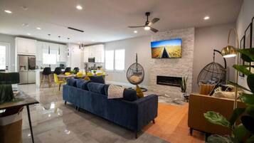 Smart TV, fireplace, books