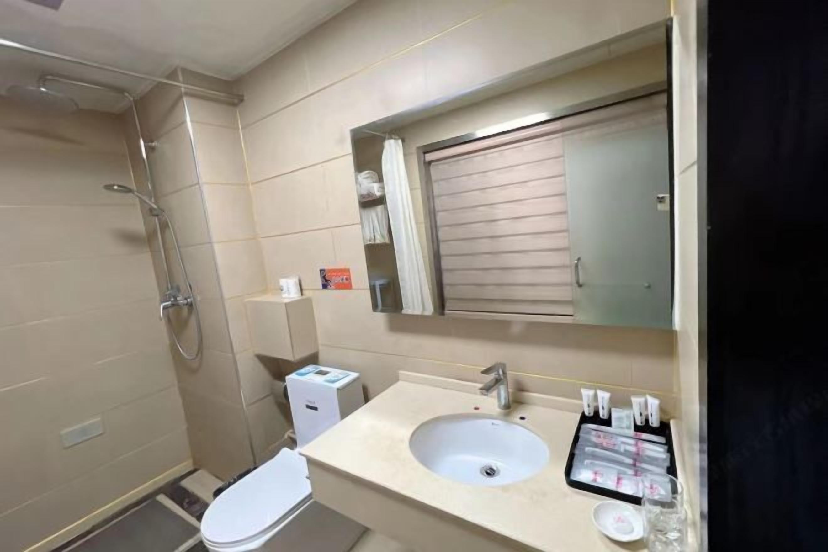 A bathroom with a shower, toilet, sink, and mirror.