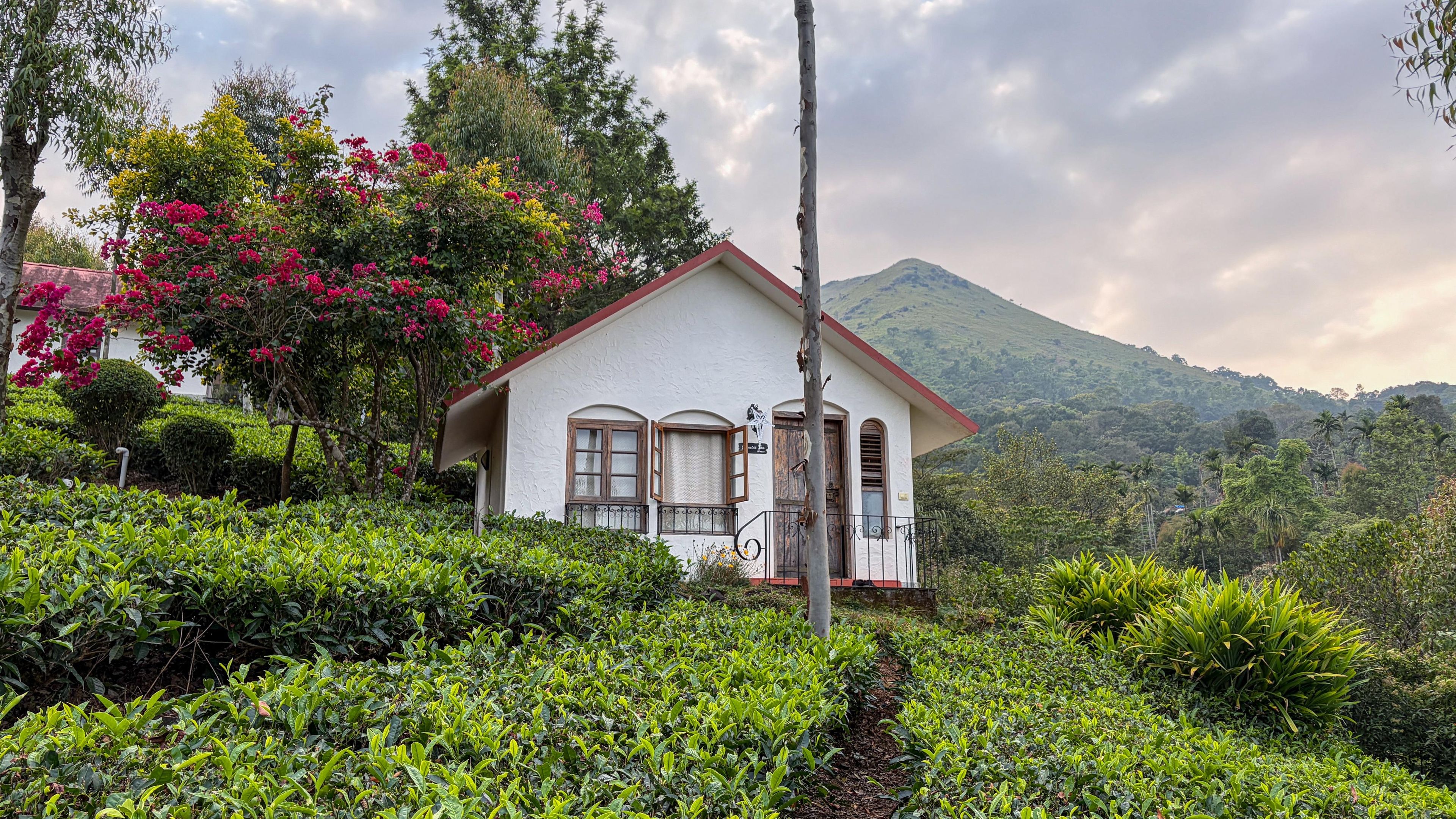 A house with a white exterior, a red roof, and a balcony. It is surrounded by lush greenery and a mountain in the background.