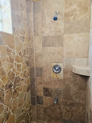 Hair dryer, towels, soap, toilet paper