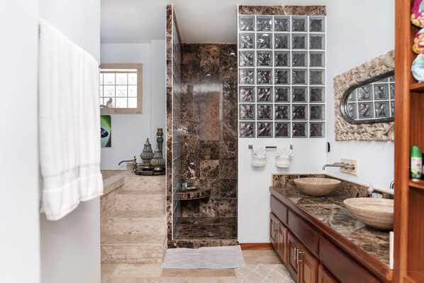 Hair dryer, towels, soap, toilet paper
