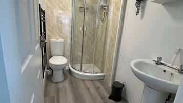 A bathroom with a glass-enclosed shower, a toilet, and a sink.