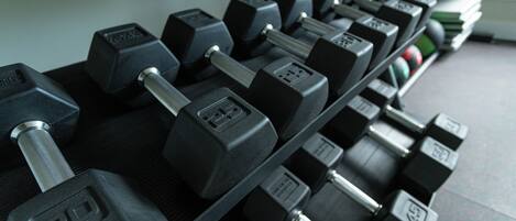 A rack of black dumbbells with weight markings, arranged on a shelf.