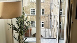 Un balcón estrecho con una planta en maceta, una puerta que da a un edificio con varias ventanas y vistas a edificios colindantes.