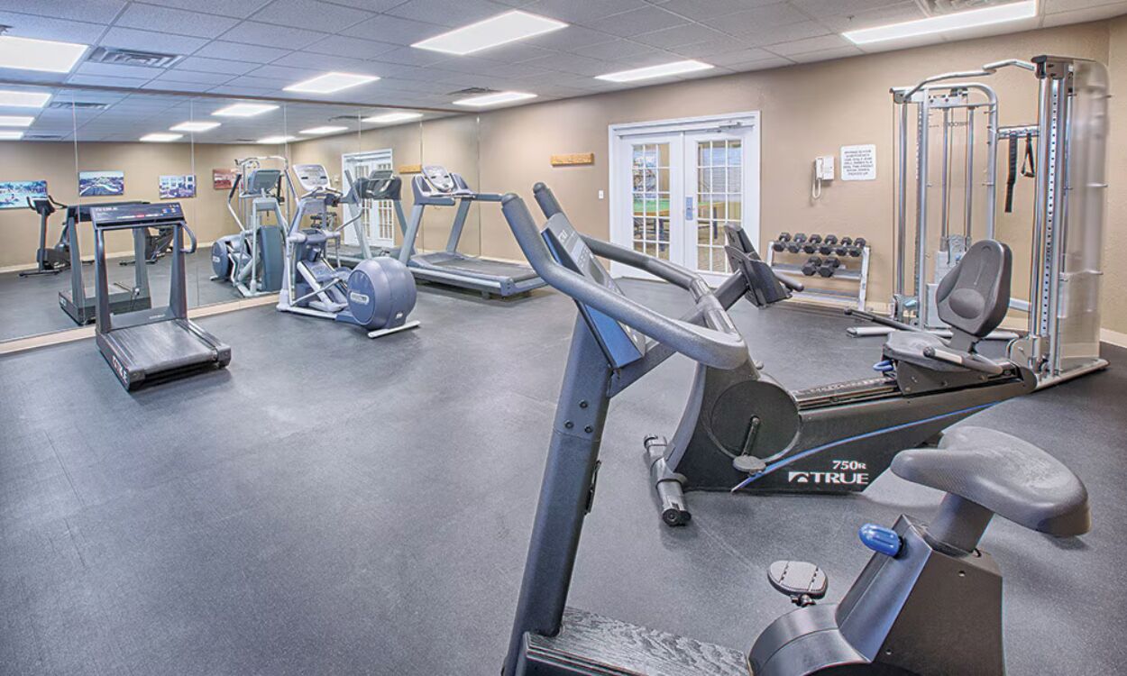 A gym with treadmills, elliptical machines, and weight equipment.