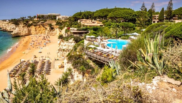 Un complejo turístico frente al mar, con playa, piscina y exuberante vegetación.