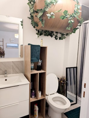 Een douche, een haardroger, handdoeken, zeep