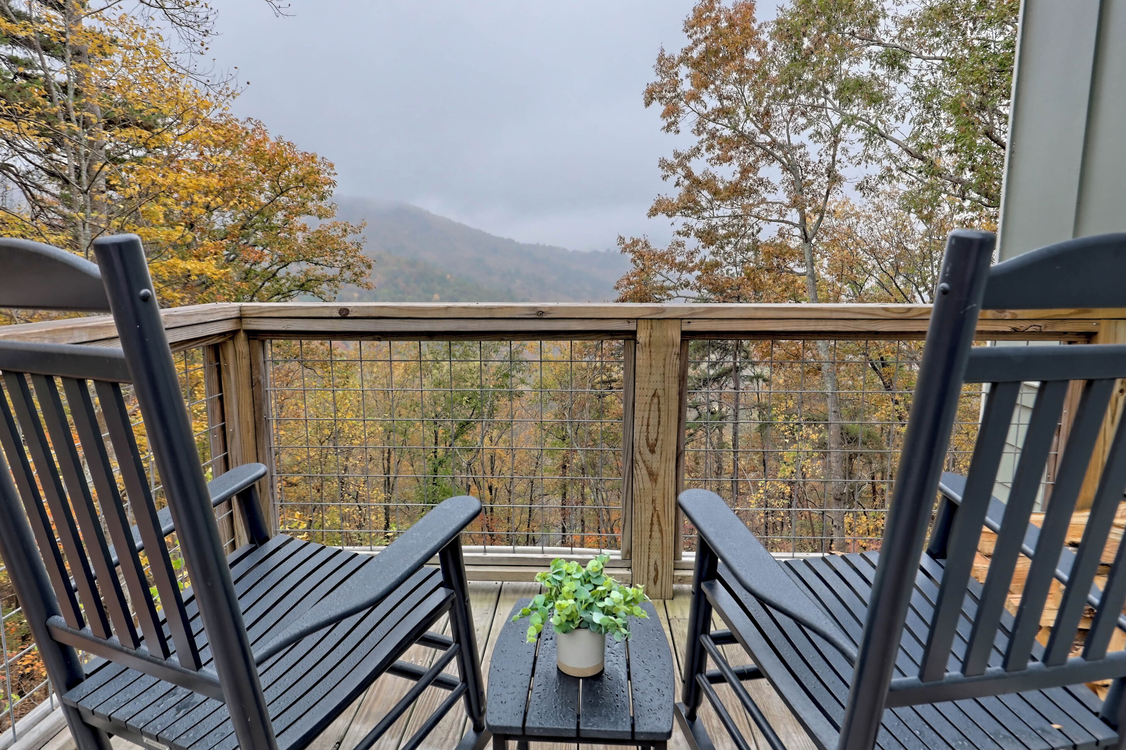 Une terrasse en bois avec deux chaises noires et une petite table sur laquelle est posée une plante en pot.