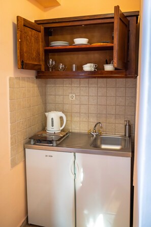 Fridge, stovetop, cookware/dishes/utensils