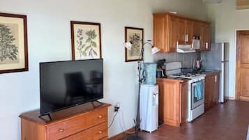 Estudio Deluxe, vista a la playa | Escritorio, espacio para trabajar con laptop y cortinas blackout
