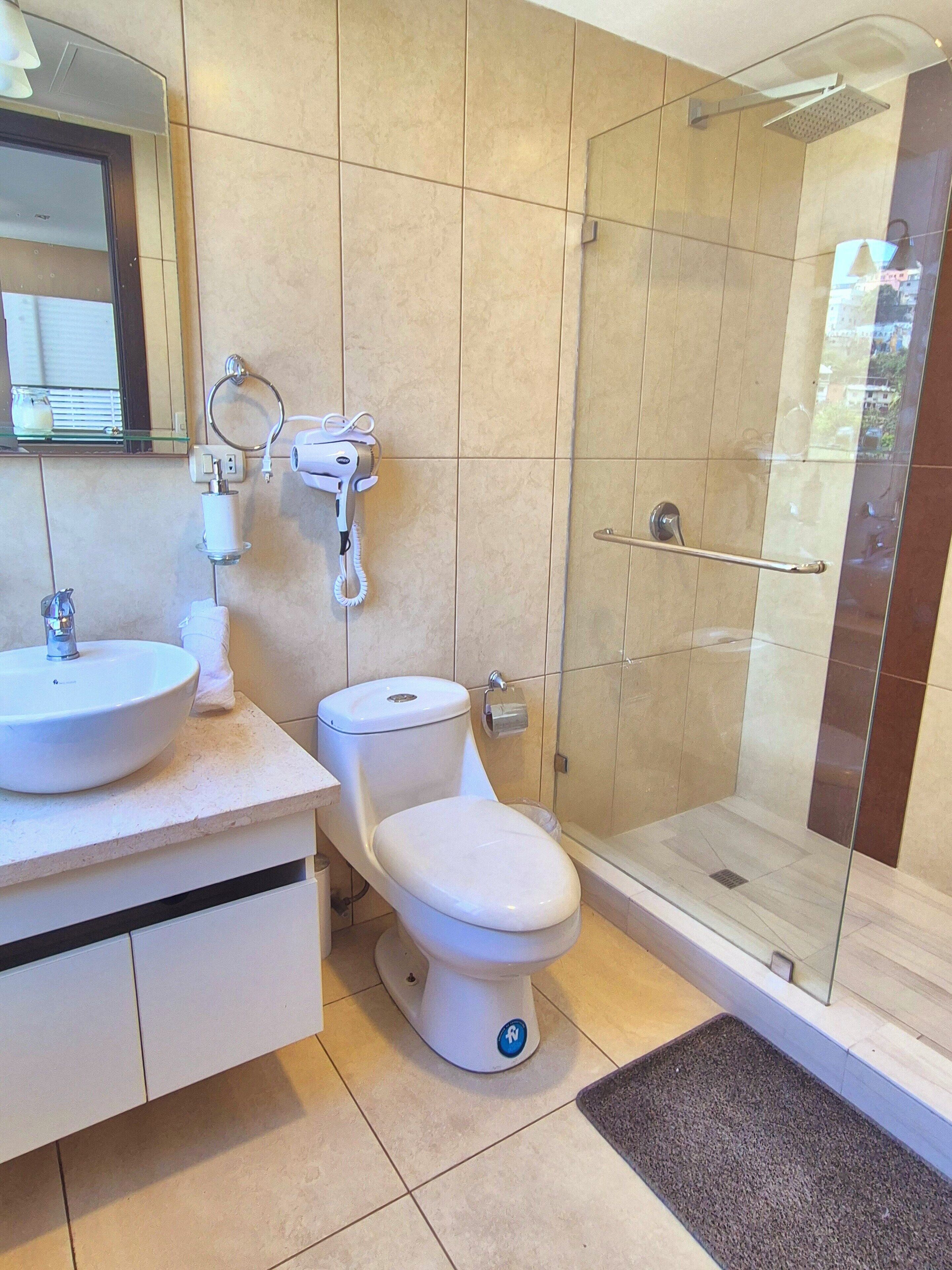 Hair dryer, towels, soap, toilet paper