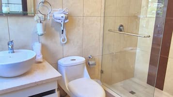 Hair dryer, towels, soap, toilet paper