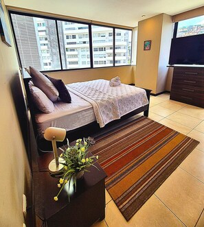 1 bedroom, desk, iron/ironing board, travel cot