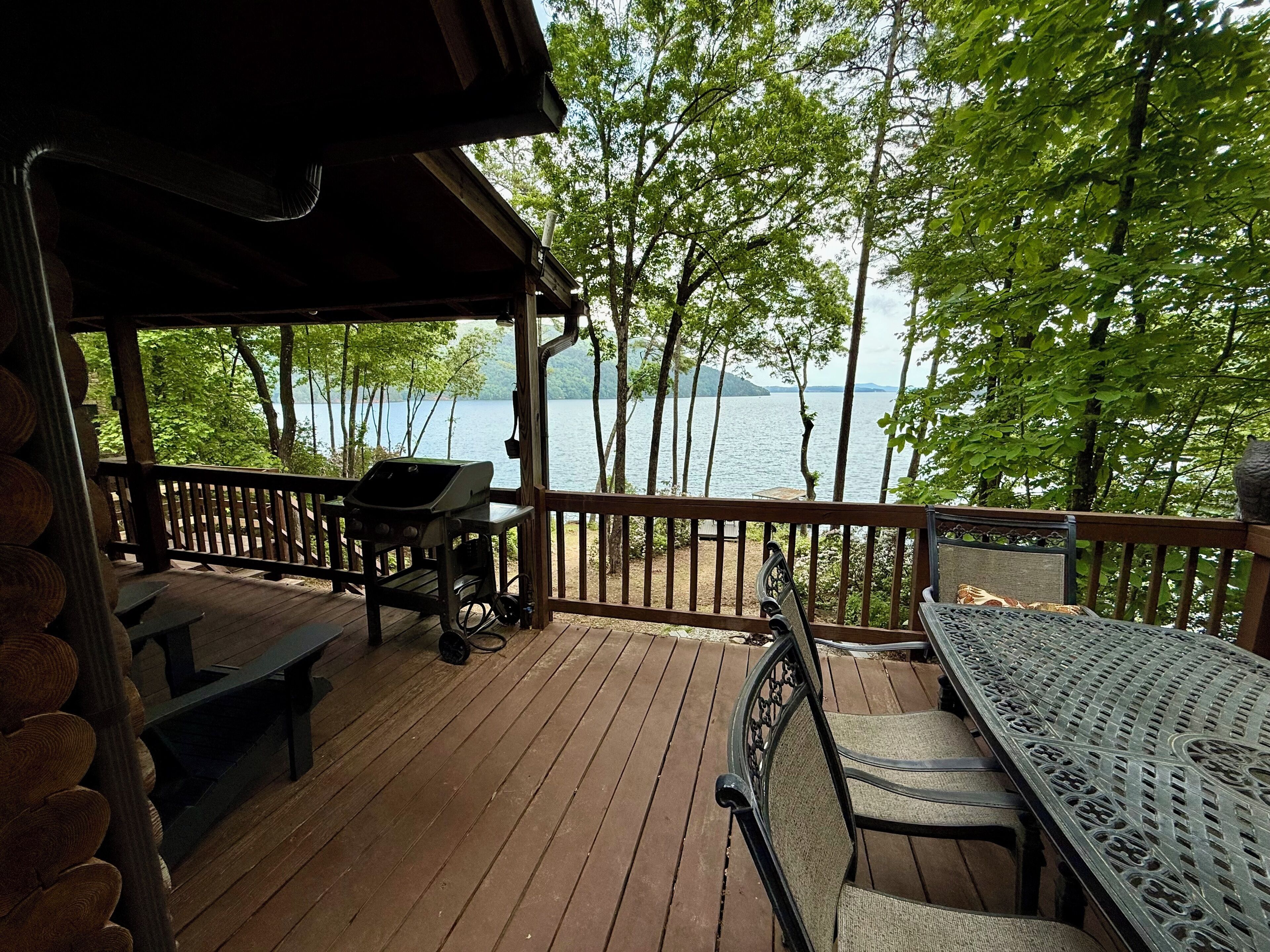 Side of porch with outdoor eating area and gas grill