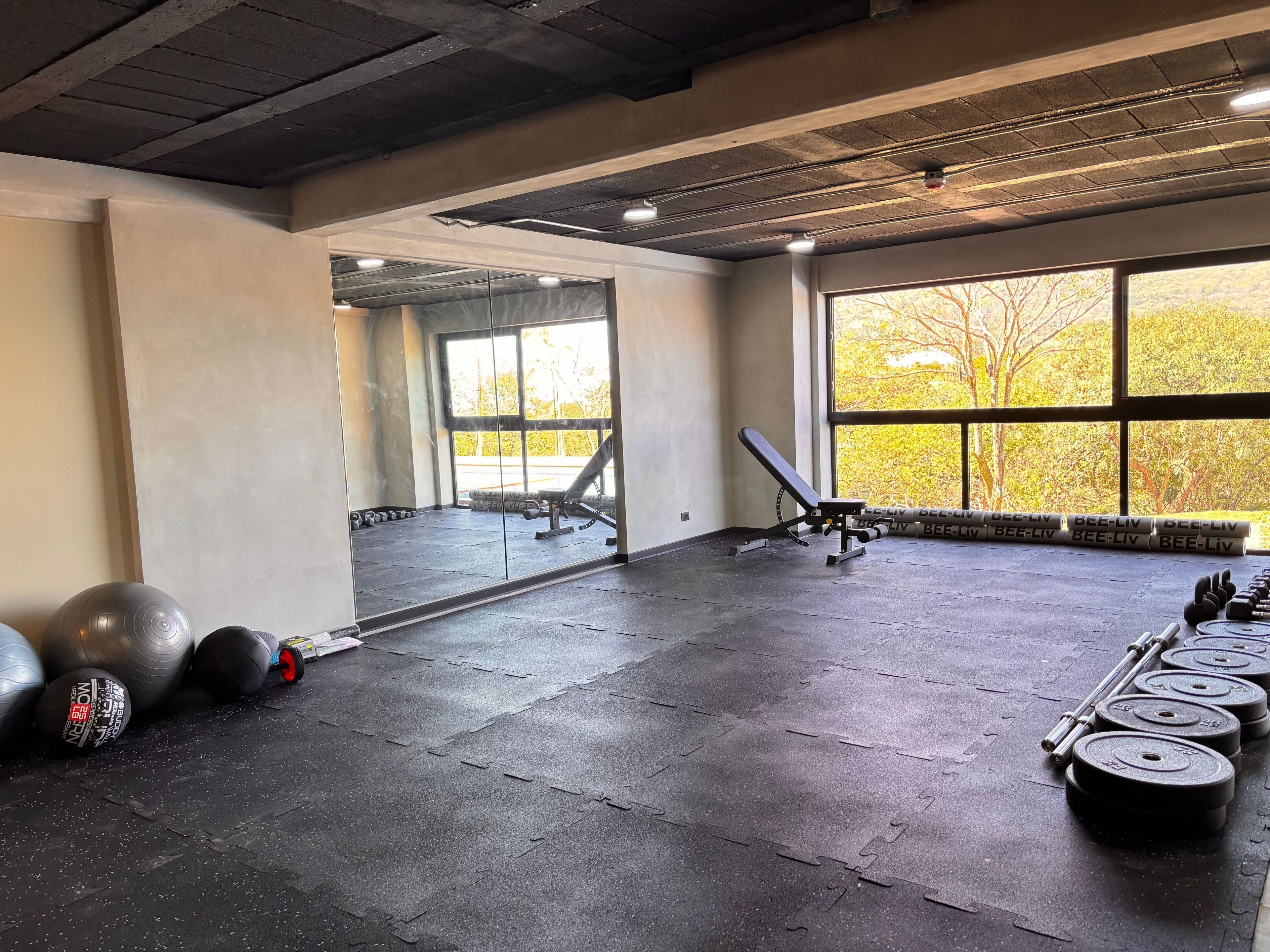 Een sportschool met trainingsapparatuur, grote ramen en uitzicht op bomen.