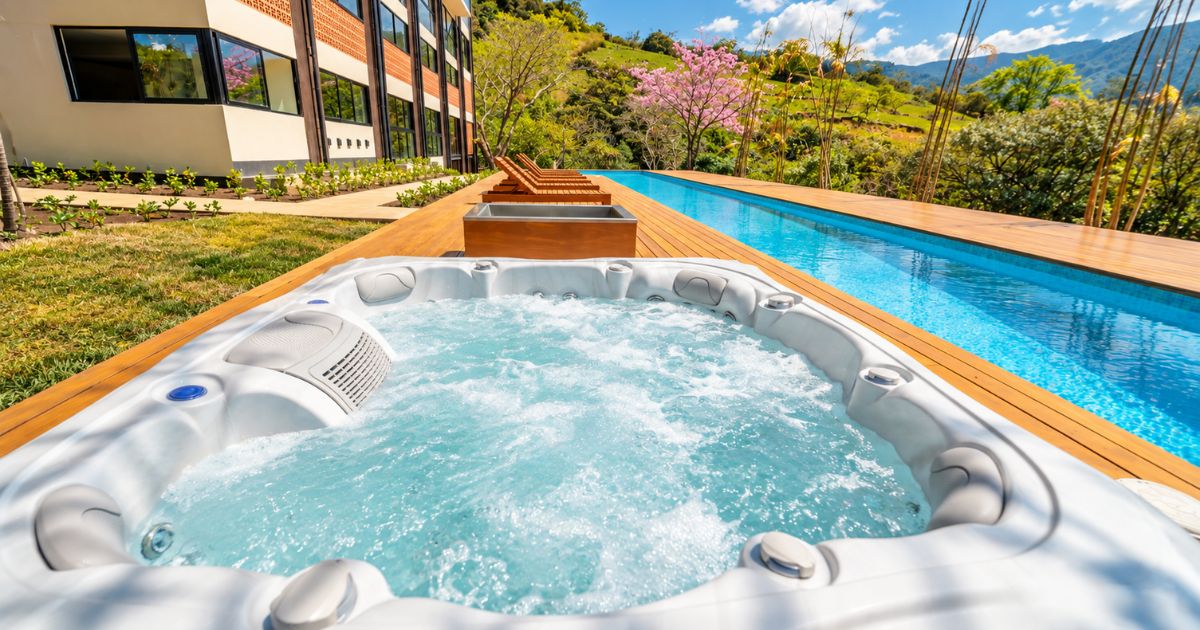 A hot tub with a wooden deck, a pool, and a modern building in the background.