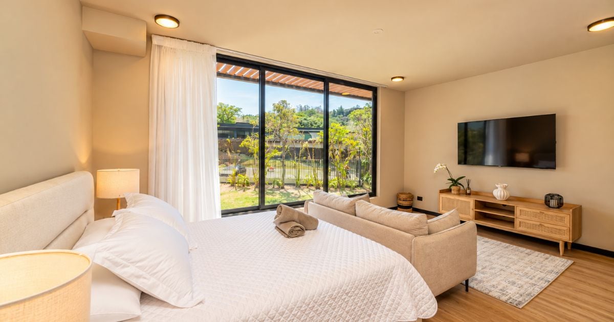Un dormitorio moderno con una cama grande, un sofá, un televisor y vistas al exterior con vegetación.
