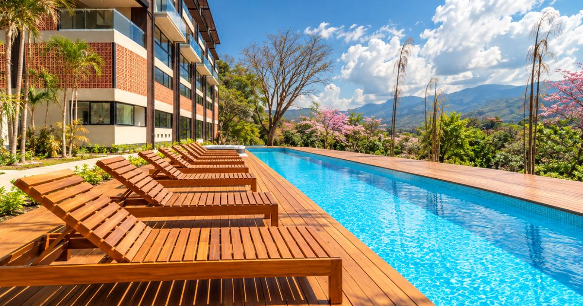 Una piscina con tumbonas de madera y vistas a un edificio moderno con fachada de ladrillo.