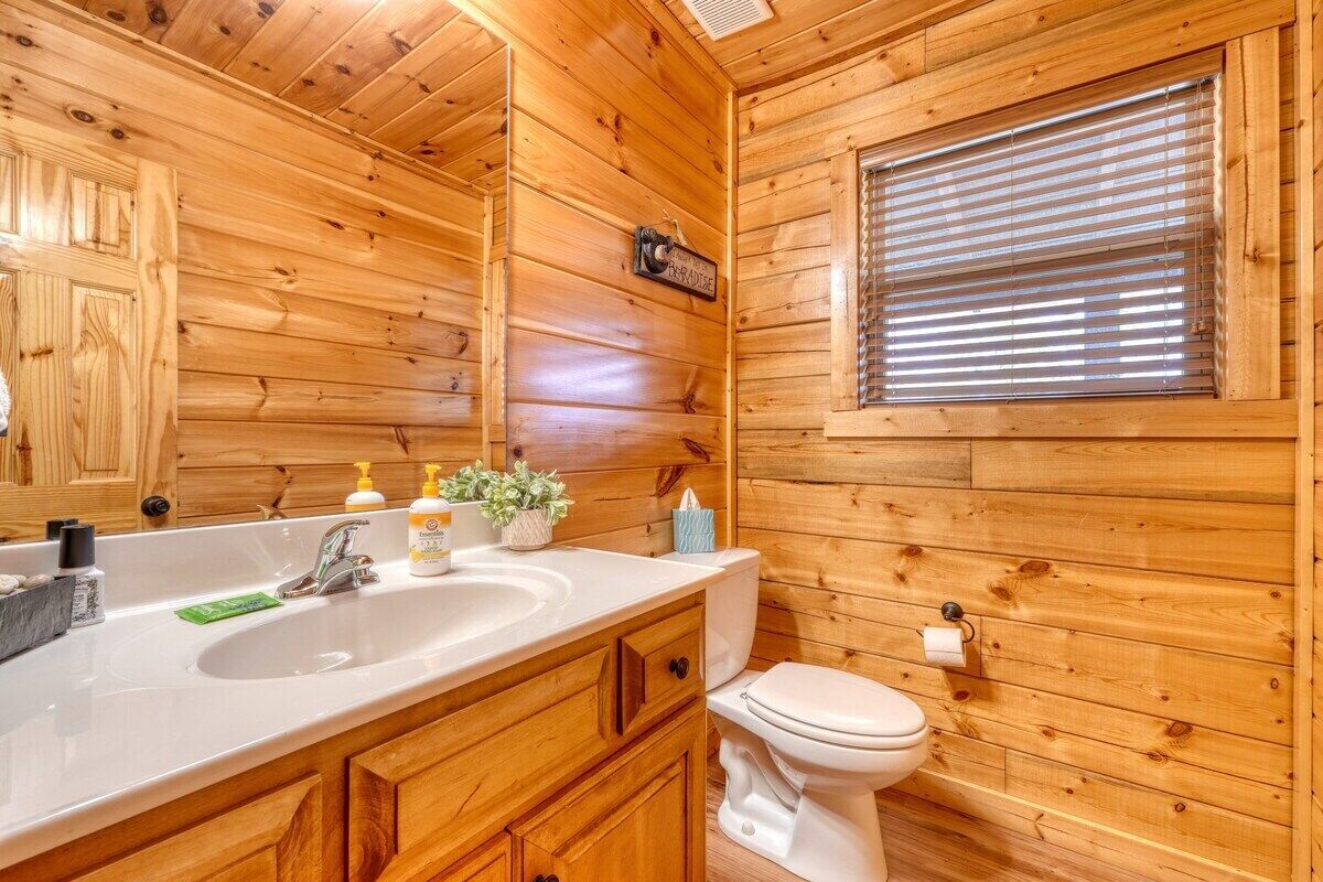 A wooden cabin bathroom with a sink, toilet, and window.