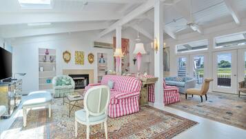 House, Multiple Beds, Pool Access, Pool View | Living area | Fireplace