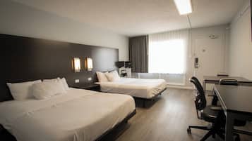 Desk, bed sheets, wheelchair access