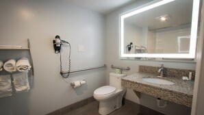 A bathroom with a toilet, sink, and towel rack. - King Accessible Non-Smoking Pet Friendly (Henderson)