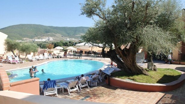 A swimming pool with lounge chairs and a large tree.