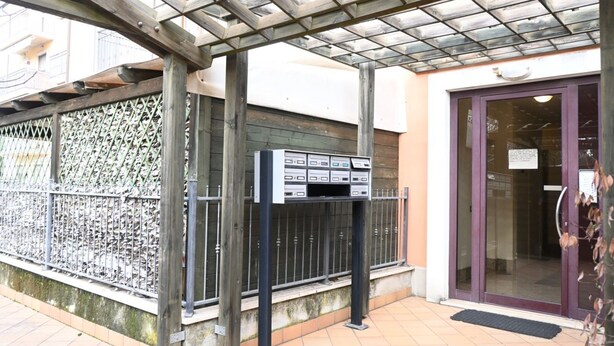 Een gevel met een metalen poort, een brievenbus en een deur met ruitpanelen.