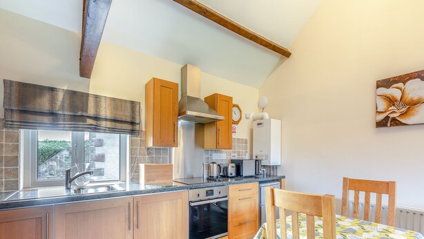Eine moderne Küche mit Holzausstattung, einem eingebauten Backofen, einem Geschirrspüler und einem Fenster mit Blick ins Grüne.