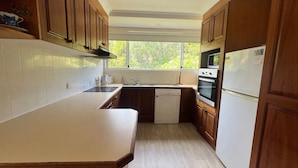 Cucina con mobili in legno, un piano di lavoro bianco, lavastoviglie, forno e finestra vista su piante.