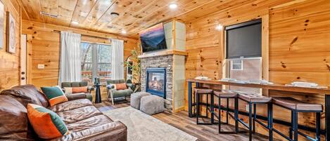 Smart TV, chimenea, videojuegos, estéreo