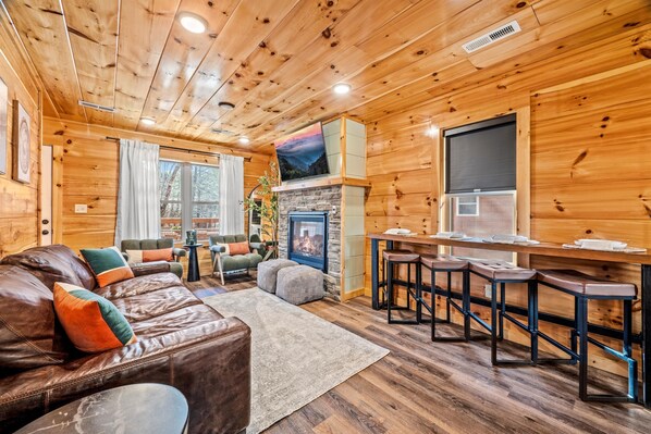 Smart TV, fireplace, video games, stereo