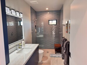 Shower, eco-friendly toiletries, hair dryer, towels