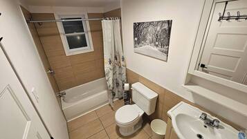 Hair dryer, towels, soap, shampoo