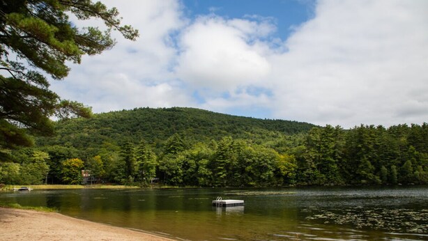 Un lago con un molo, circondato da una fitta foresta e colline.