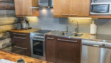 Fridge, microwave, dishwasher, cookware/dishes/utensils