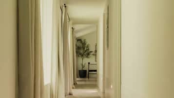 A hallway with a patterned rug, a potted plant, and a door at the end.