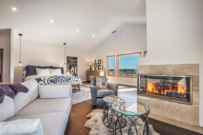 Télévision, cheminée, lecteur de DVD, livres