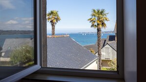 Vista desde una ventana a una zona costera con dos palmeras, cielo despejado y una extensión de agua.