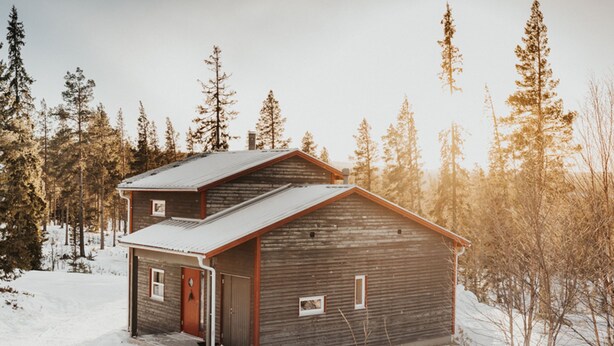 A two-story log cabin with a metal roof, surrounded by a forest. - Vargen 2 by Interhome (Tännäskröket)