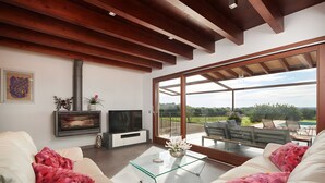 Una sala de estar moderna con chimenea, televisor y zona de estar con vistas al exterior.