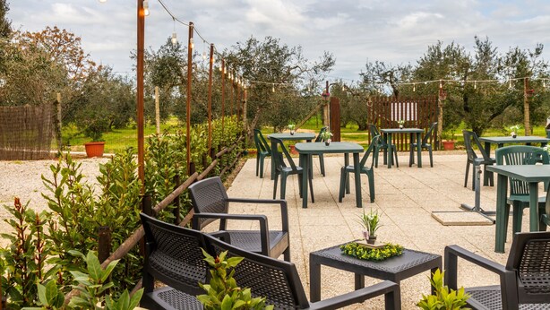 An outdoor patio with tables and chairs, surrounded by greenery and a wooden fence. - Room 'Corbezzolo' with Shared Garden and Wi-Fi (Grosseto)