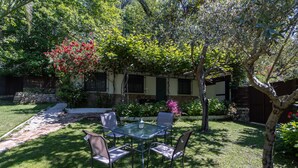 Mesa de vidrio con cuatro sillas en un patio trasero con un sendero de piedra, rodeado de vegetación y un edificio con ventanas.
