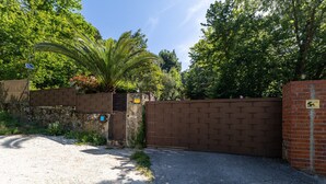 Una entrada protegida con muro de ladrillo, una palmera y follaje denso.