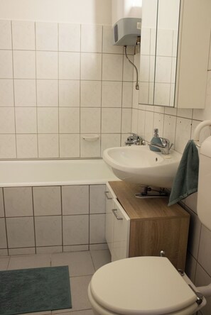 Hair dryer, towels, soap, toilet paper