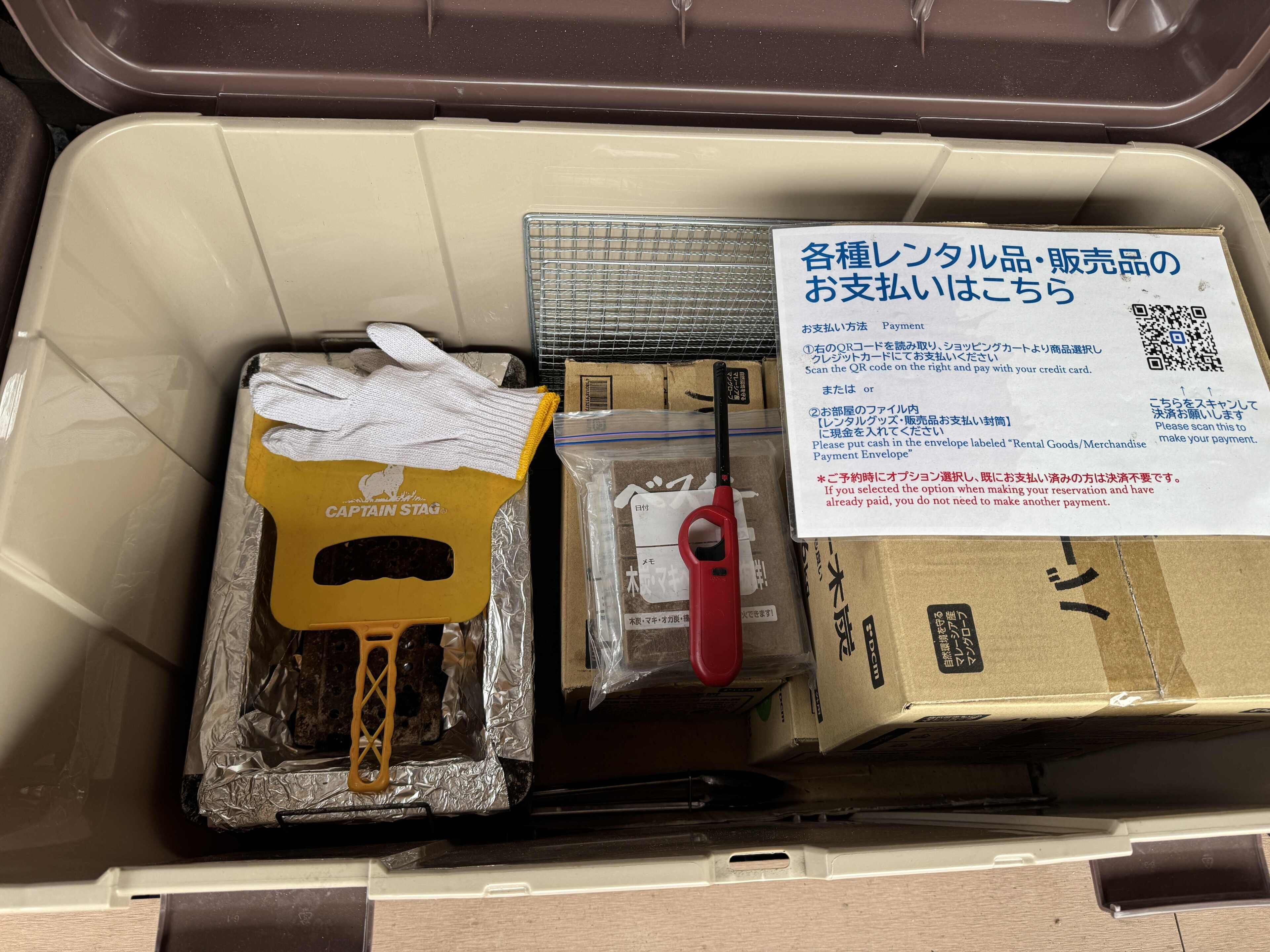 A suitcase with various items including a yellow cleaning glove, a red pen, and a cardboard box.