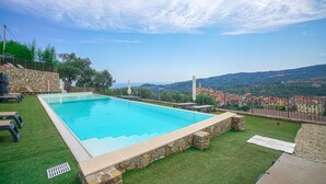 A rectangular swimming pool with a stone border, surrounded by a grassy area and a stone wall.