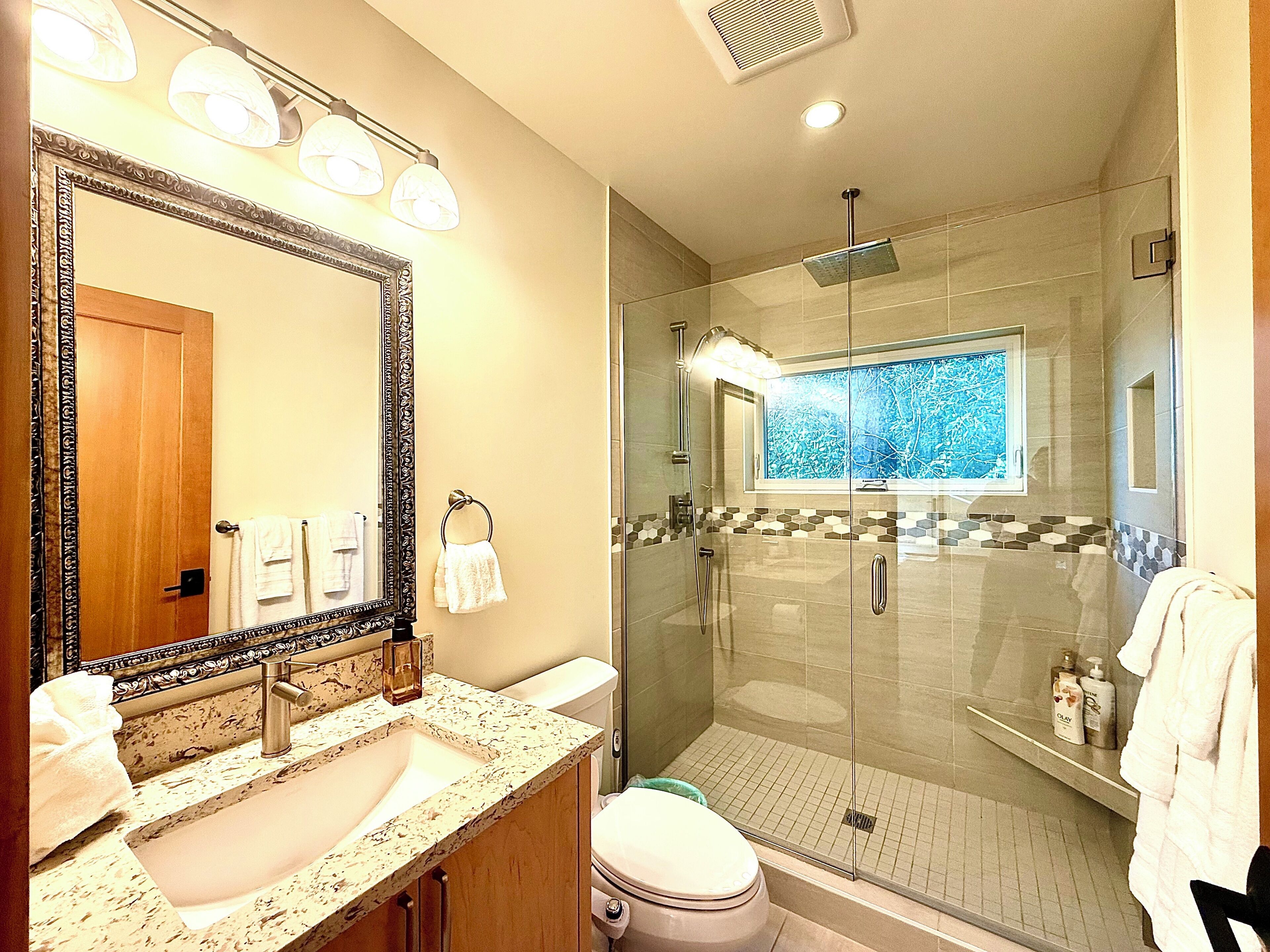 Hair dryer, bidet, towels, soap