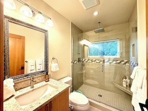 Hair dryer, bidet, towels, soap