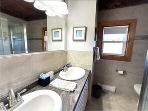 Hair dryer, towels, soap, shampoo